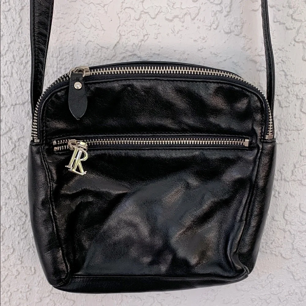 Vintage Ralph Lauren Black Leather dual zipper Crossbody Bag